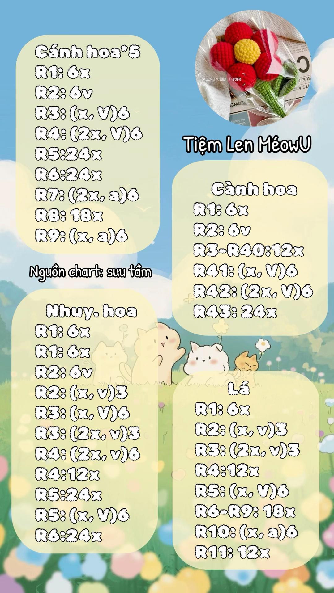 Chart móc bông hoa ú nuuu đỏ vàng xanh lá