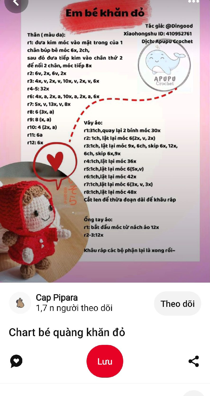 Chart móc búp bê bé quàng khăn đỏ