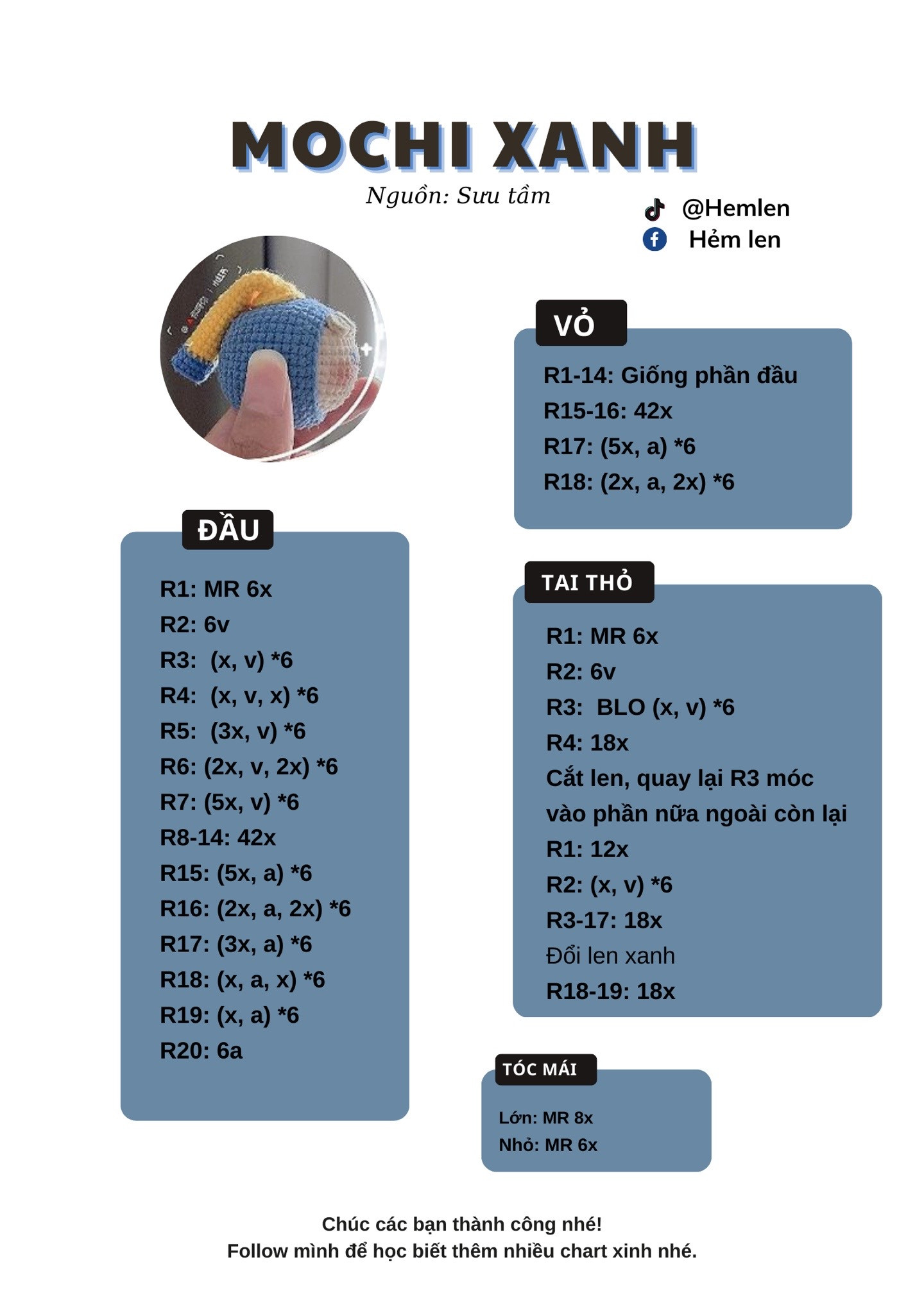 Chart móc búp bê Mochi Xanh: Đầu, Tai thỏ và Tóc mái