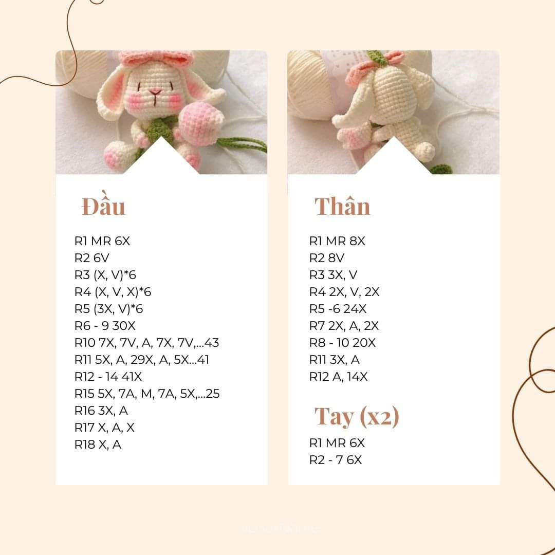 Chart móc búp bê thỏ ôm hoa tulip màu kem hồng