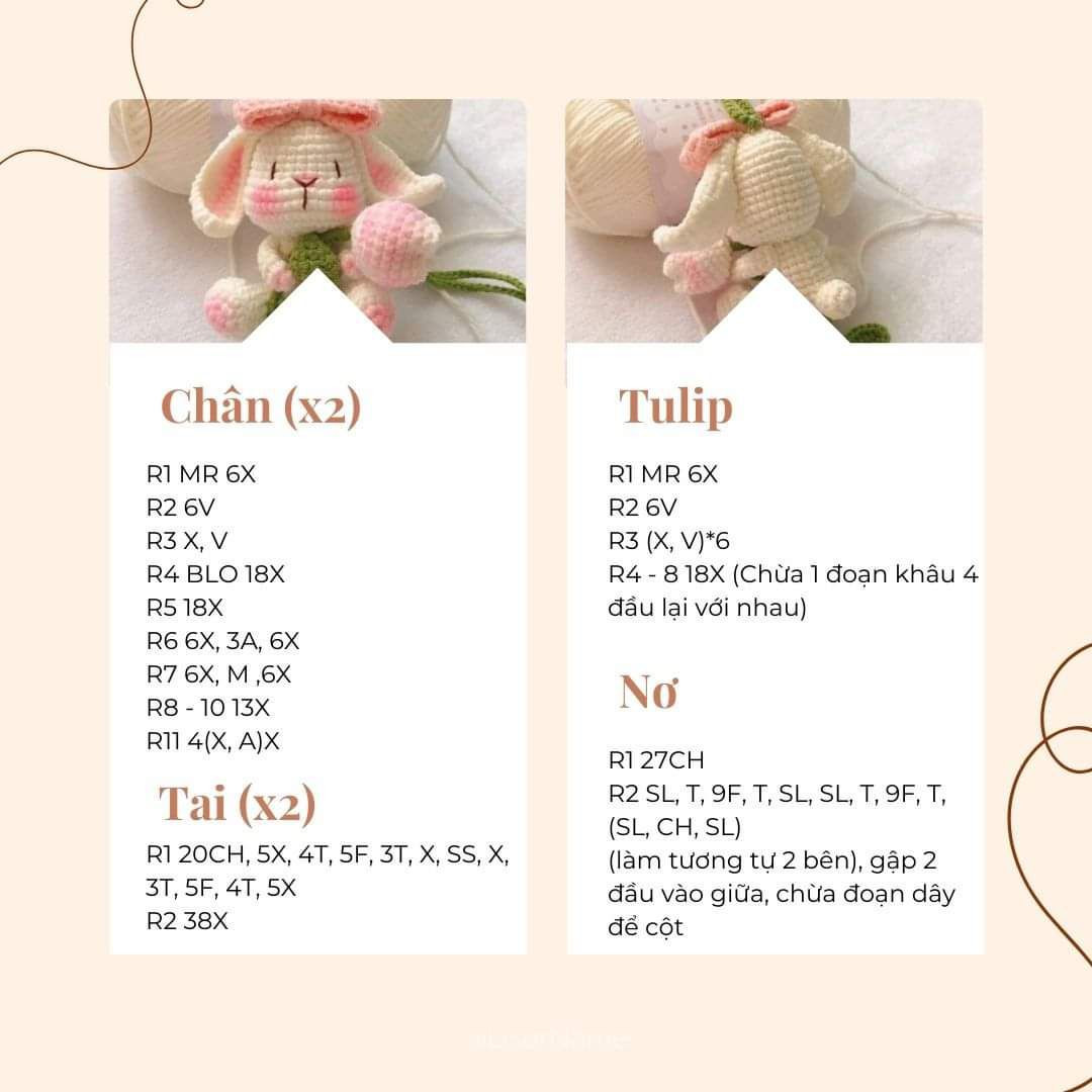 Chart móc búp bê thỏ ôm hoa tulip màu kem hồng