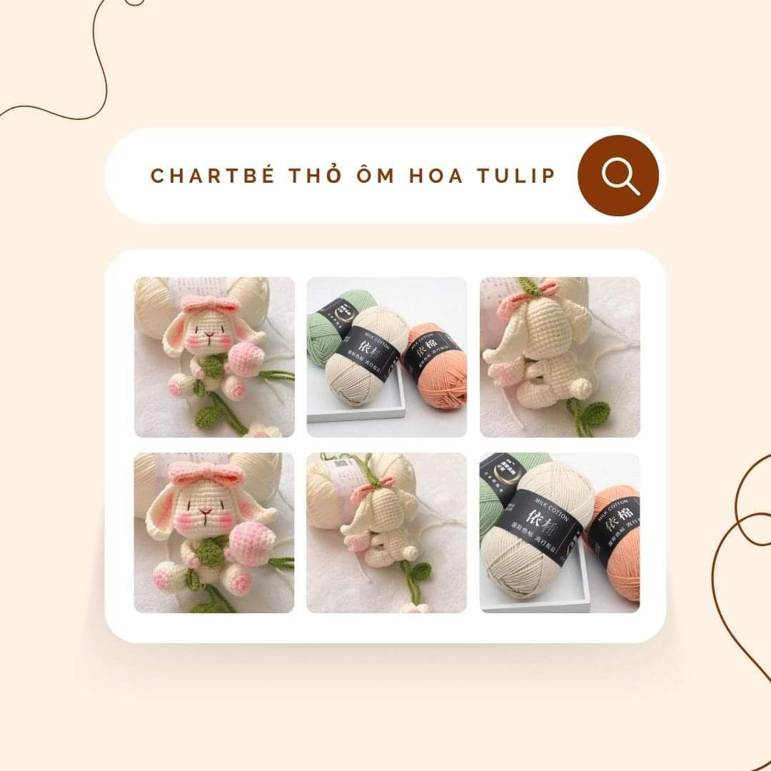 Chart móc búp bê thỏ ôm hoa tulip màu kem hồng