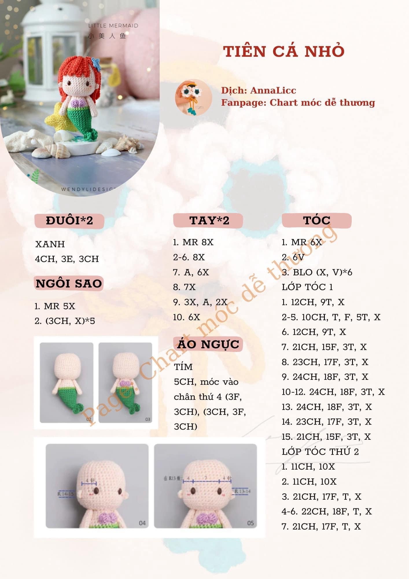 Chart móc búp bê Tiên cá nhỏ tóc đỏ đuôi xanh