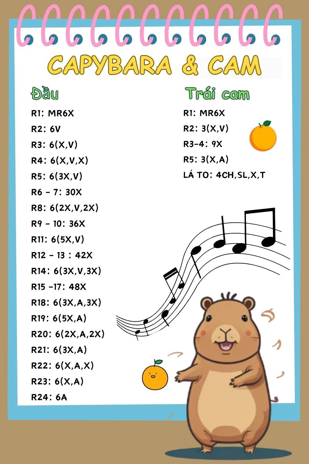 Chart móc Capybara đội cam dễ thương
