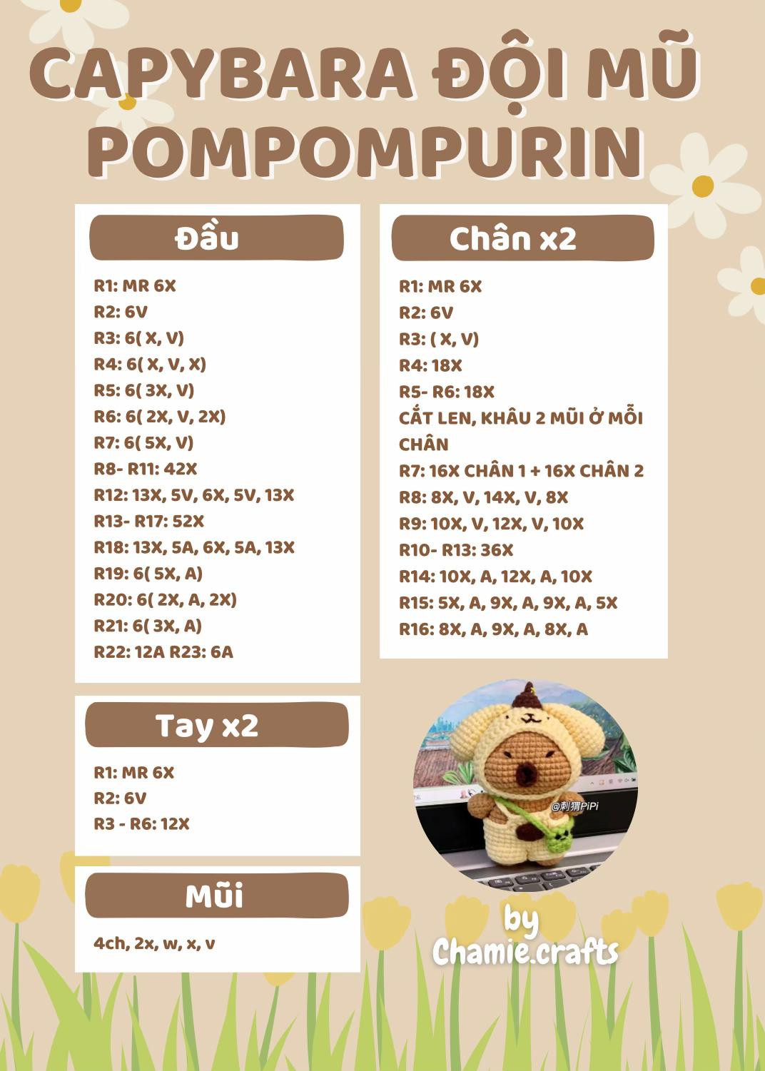 Chart móc Capybara đội mũ Pompompurin màu nâu vàng
