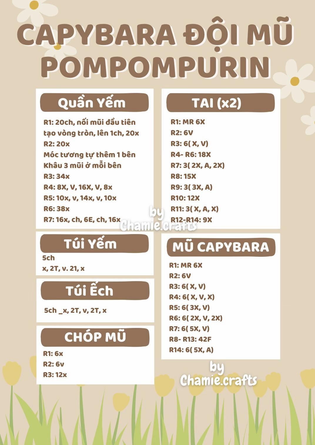 Chart móc Capybara đội mũ Pompompurin màu nâu vàng