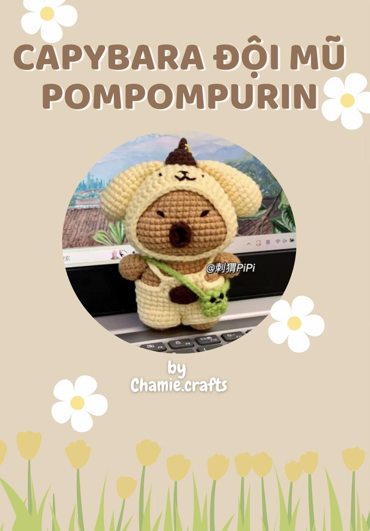 Chart móc Capybara đội mũ Pompompurin màu nâu vàng