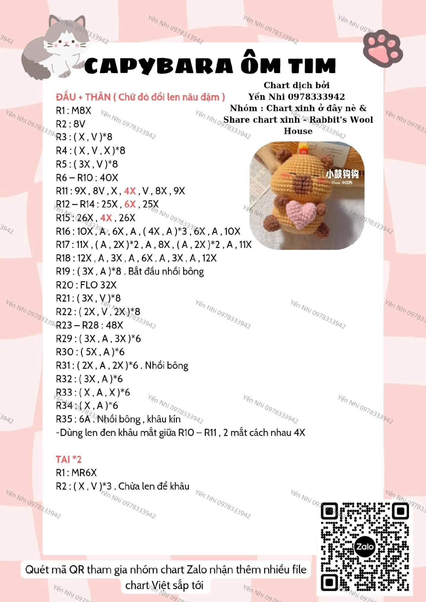 Chart móc Capybara ôm tim dễ thương, len màu vàng và nâu