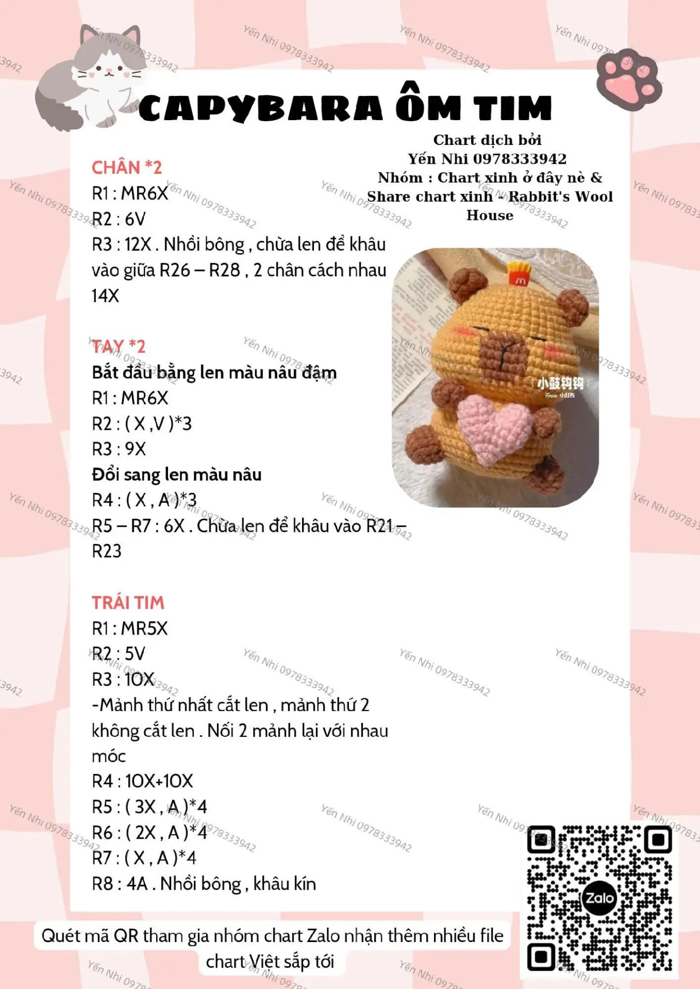 Chart móc Capybara ôm tim dễ thương, len màu vàng và nâu