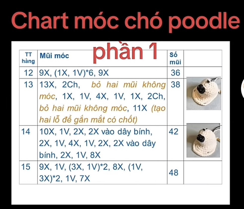 Chart móc chó poodle màu kem phần 1 - Hướng dẫn chi tiết từng hàng