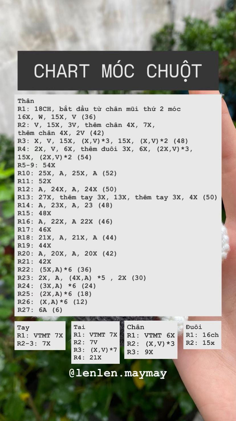 Chart móc chuột amigurumi xám trắng dễ thương