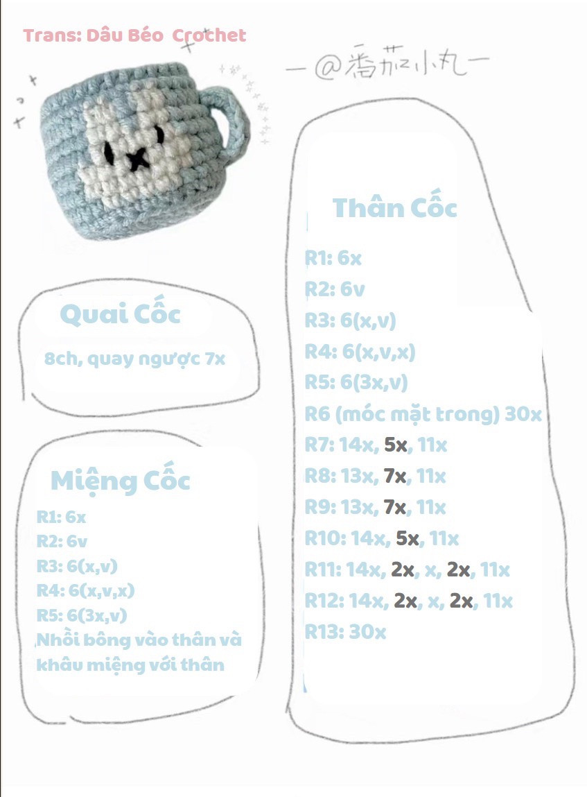 Chart móc cốc len mặt thỏ màu hồng và xanh