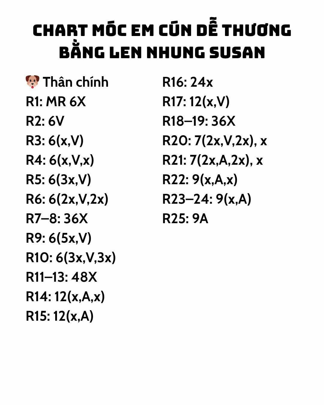 Chart móc em cún dễ thương bằng len nhung Susan