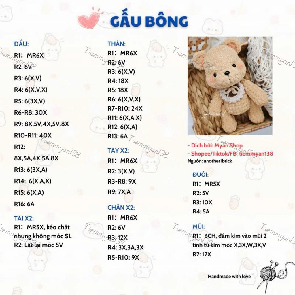 Chart móc gấu bông dễ thương sử dụng len nhung hoặc len xù, hướng dẫn chi tiết từng phần