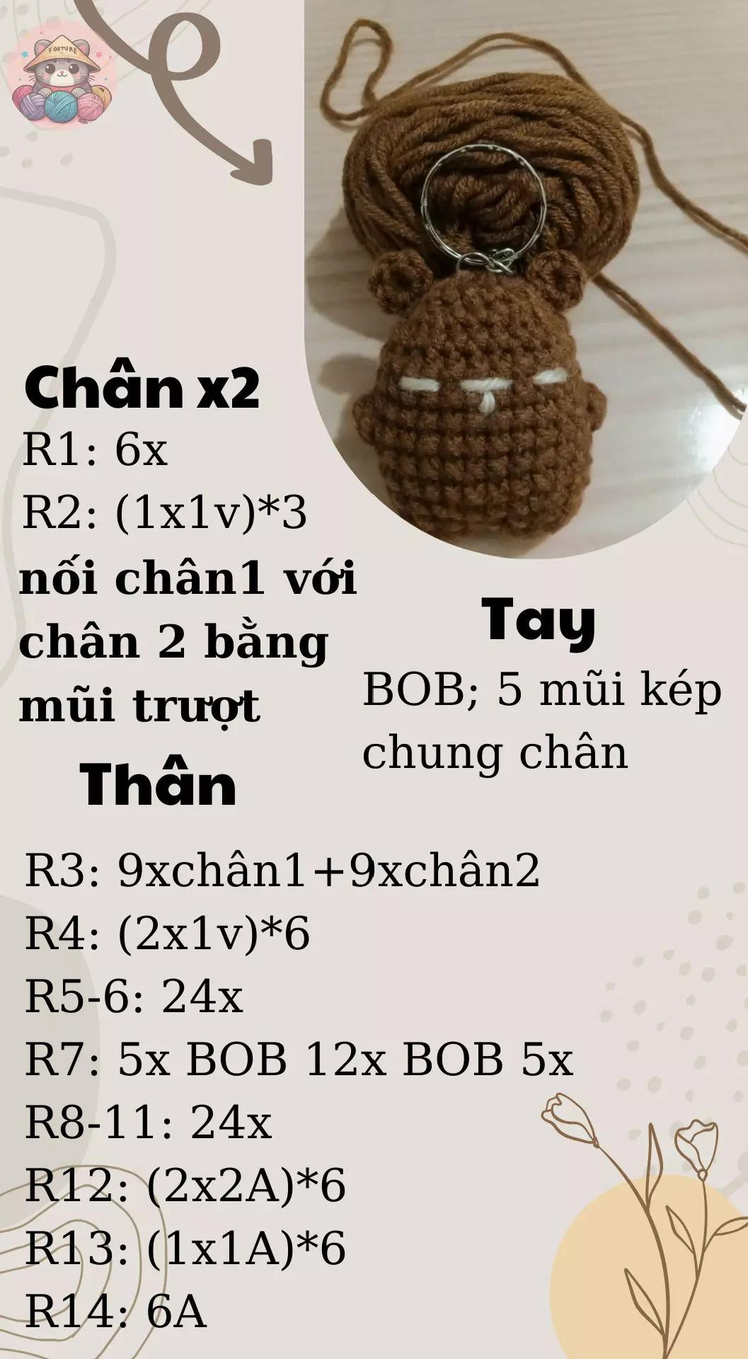 Chart móc gấu mini màu nâu, hướng dẫn chi tiết từng hàng