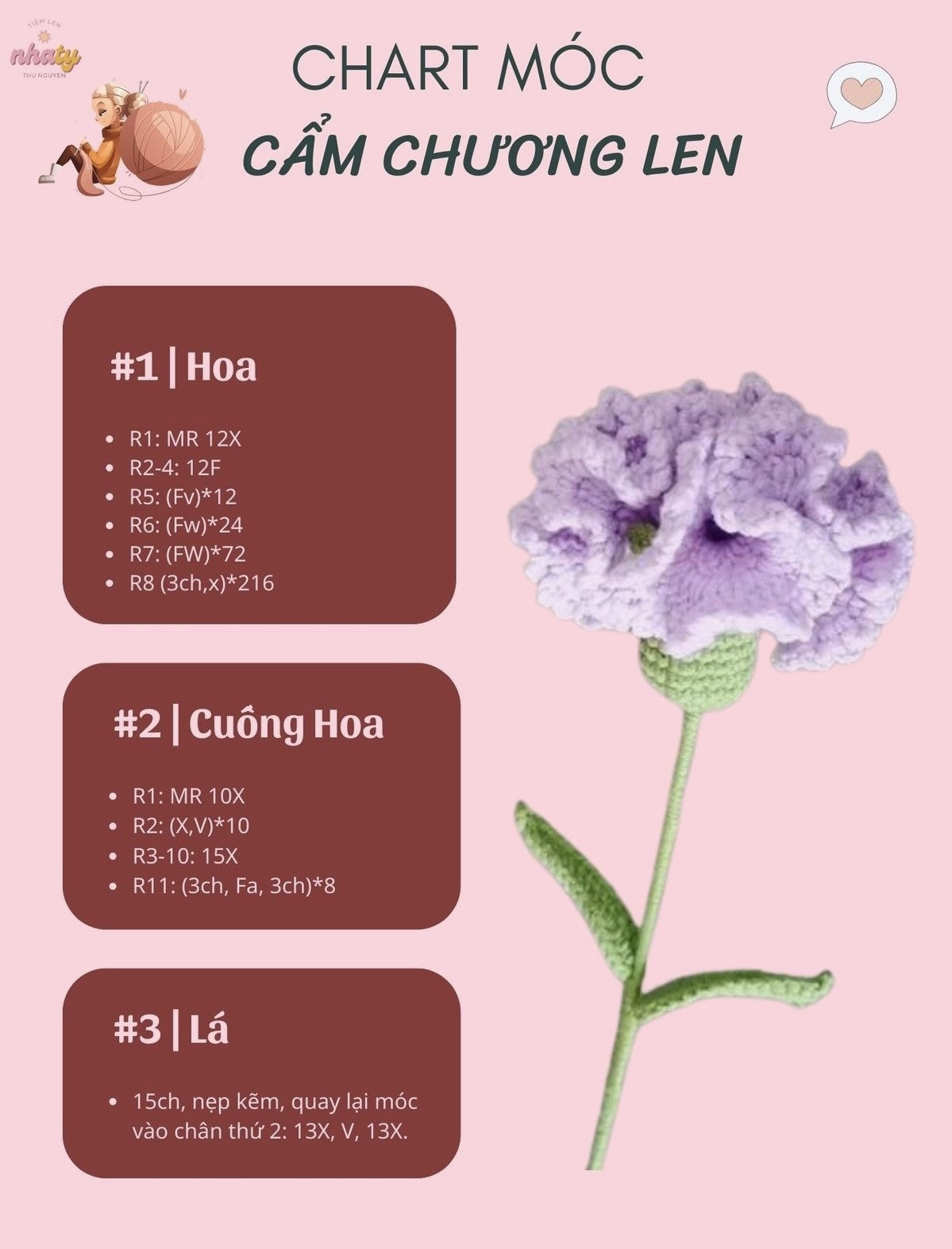 Chart móc hoa cẩm chướng len màu tím hồng