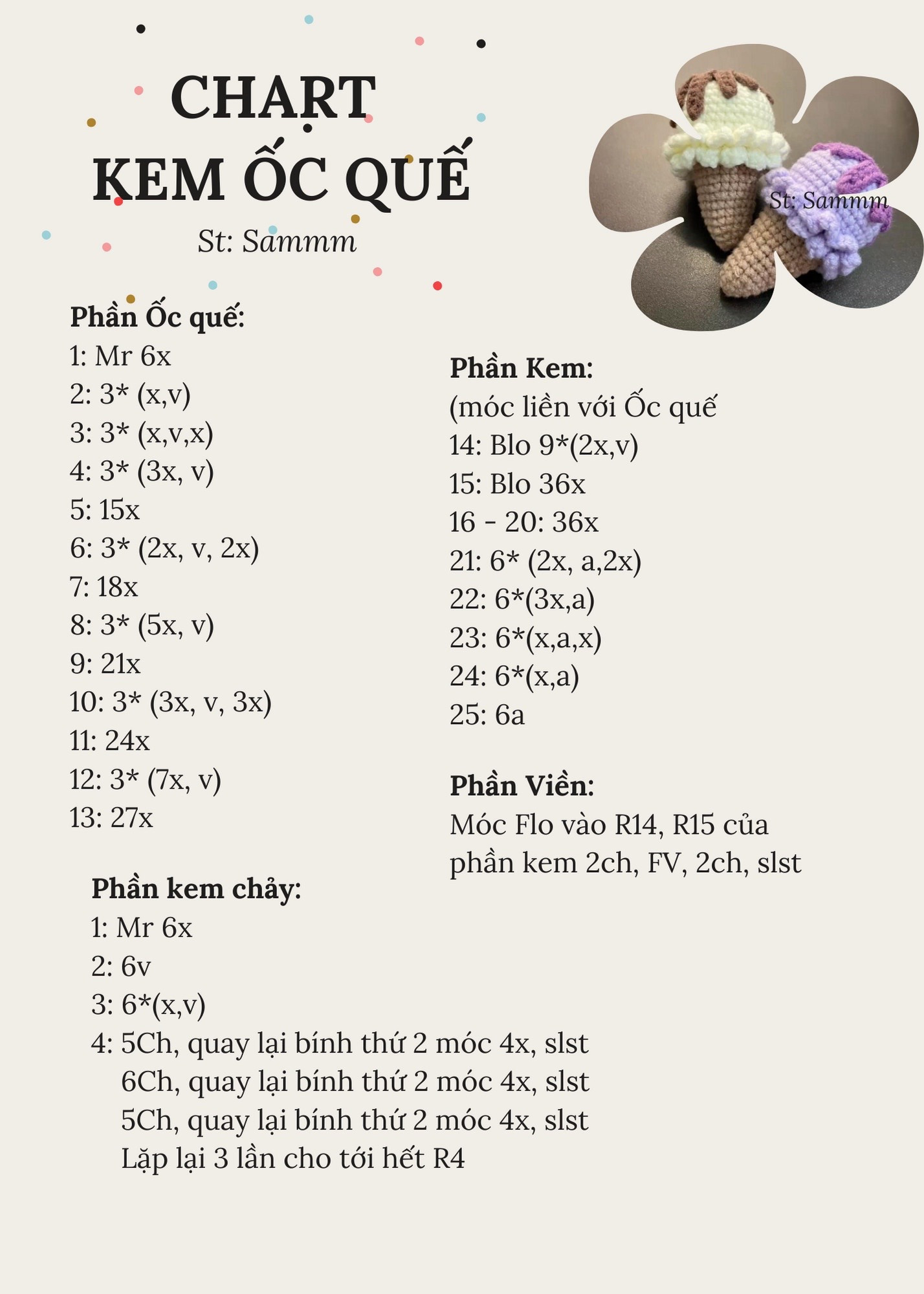 Chart móc kem ốc quế màu tím và trắng, hướng dẫn từng hàng chi tiết