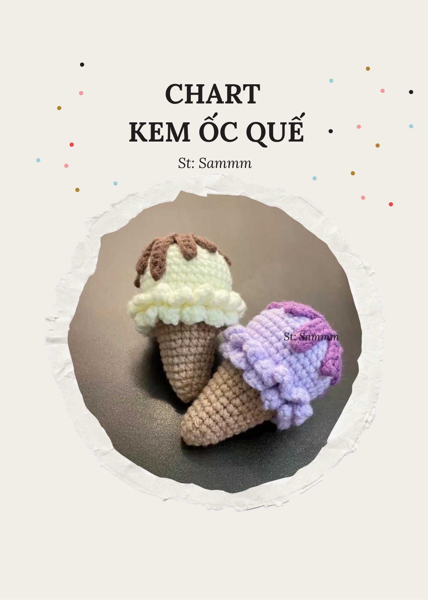 Chart móc kem ốc quế màu tím và trắng, hướng dẫn từng hàng chi tiết