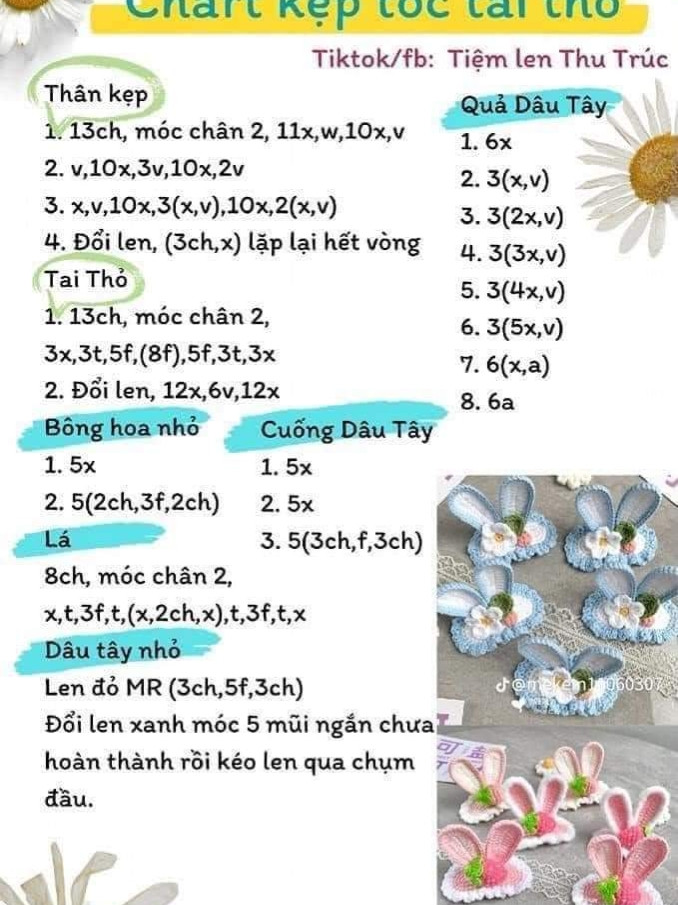 Chart móc kẹp tóc tai thỏ màu hồng và xanh