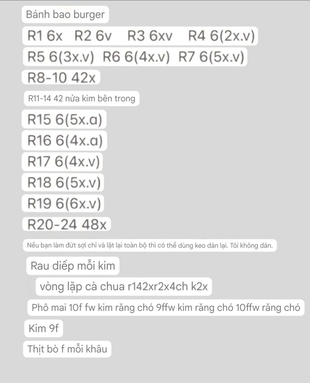 Chart Móc Len Bánh Bao Hamburger Chi Tiết Từng Hàng