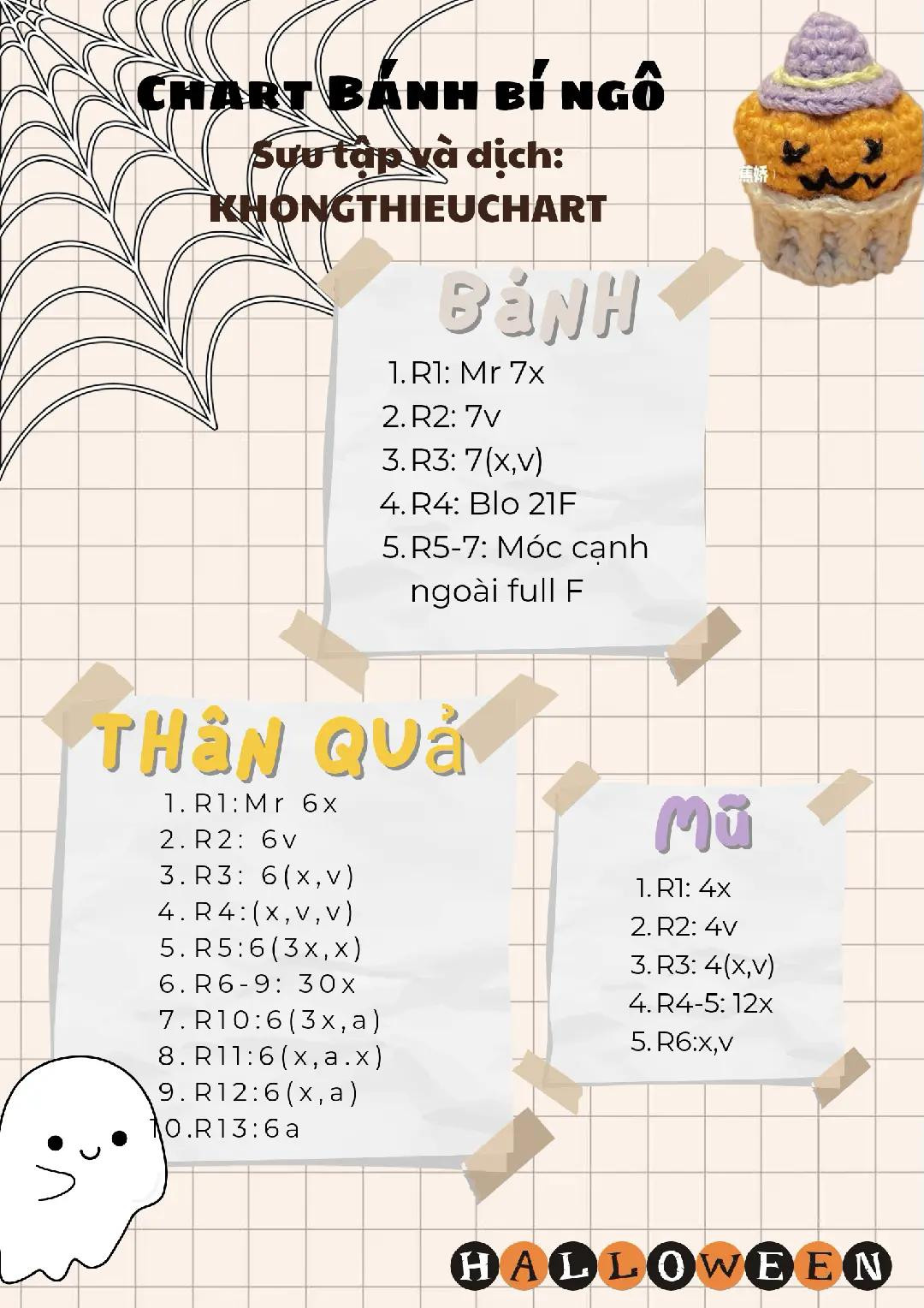 Chart móc len Bánh Bí Ngô Halloween dễ thương với mũ phù thủy màu tím và vàng