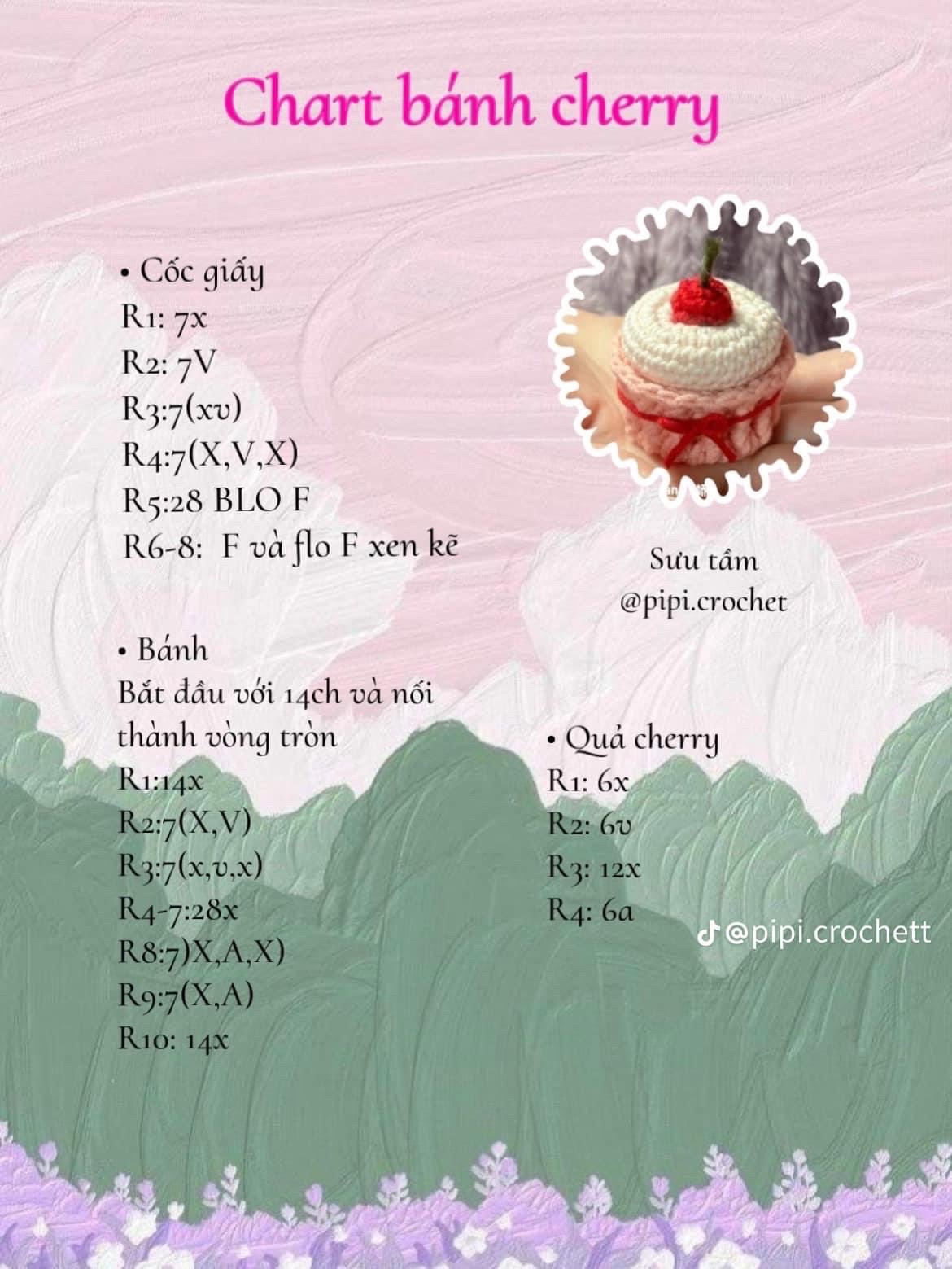 Chart móc len bánh cherry hồng trắng với quả cherry đỏ