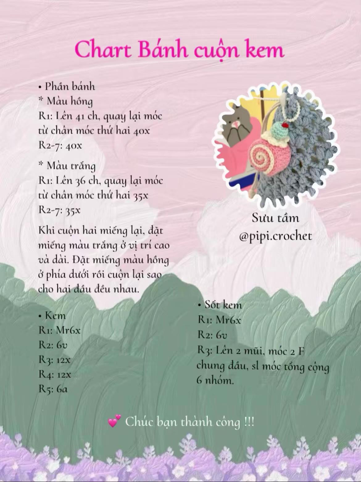 Chart móc len Bánh cuốn kem (Swiss roll) màu hồng trắng kèm kem xanh