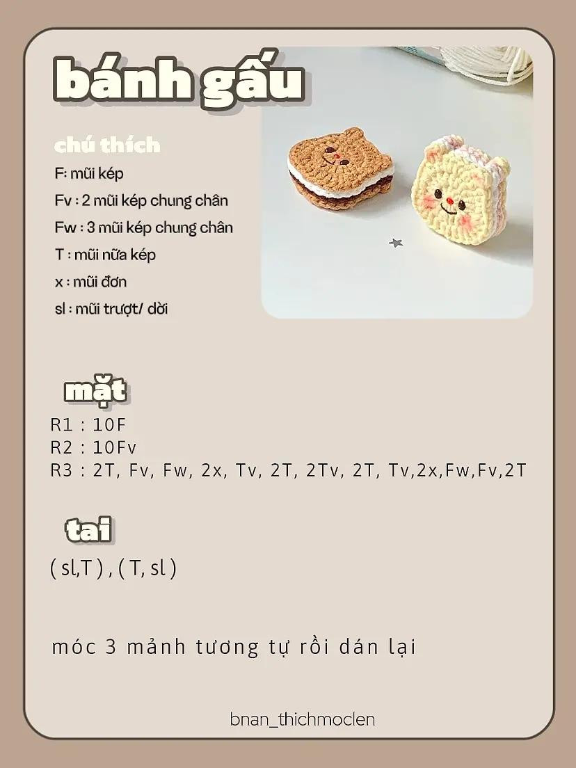 Chart móc len Bánh Gấu dễ thương, hướng dẫn chi tiết mặt và tai
