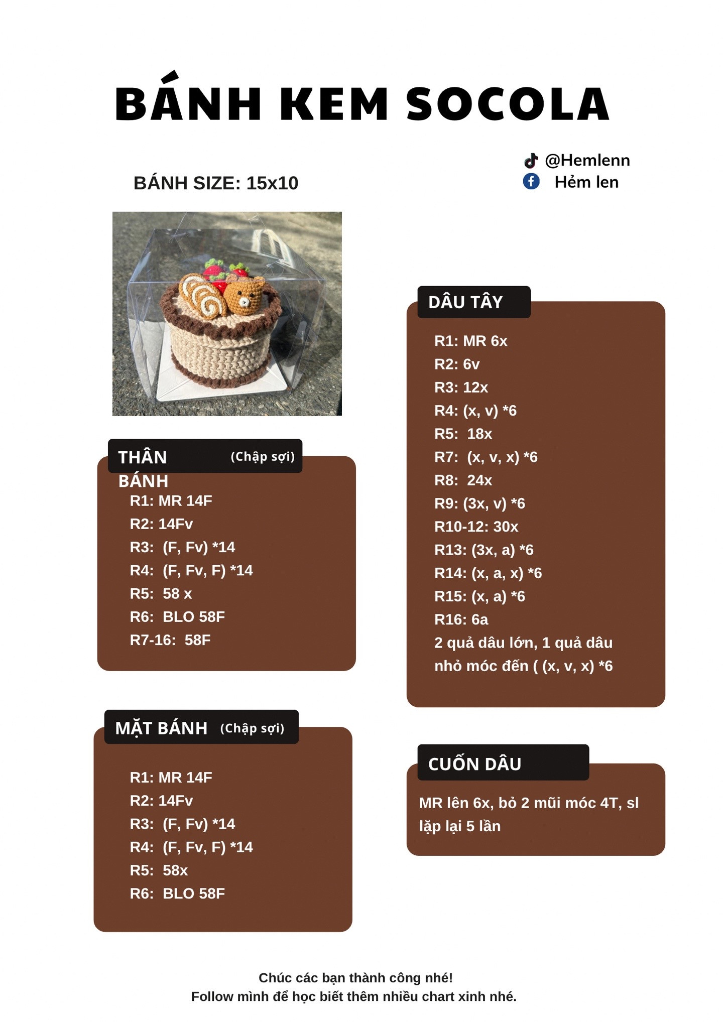 Chart Móc Len Bánh Kem Socola Có Gấu Nâu Và Dâu Tây