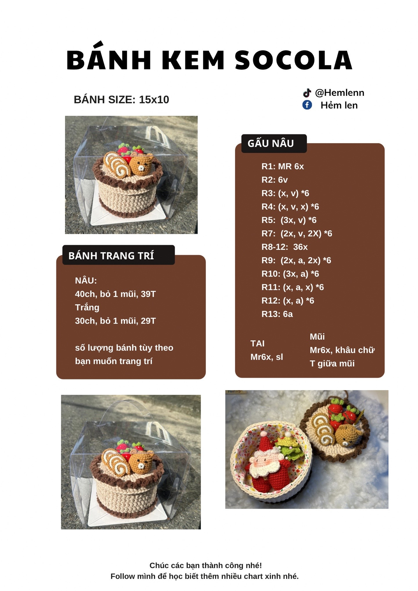 Chart Móc Len Bánh Kem Socola Có Gấu Nâu Và Dâu Tây