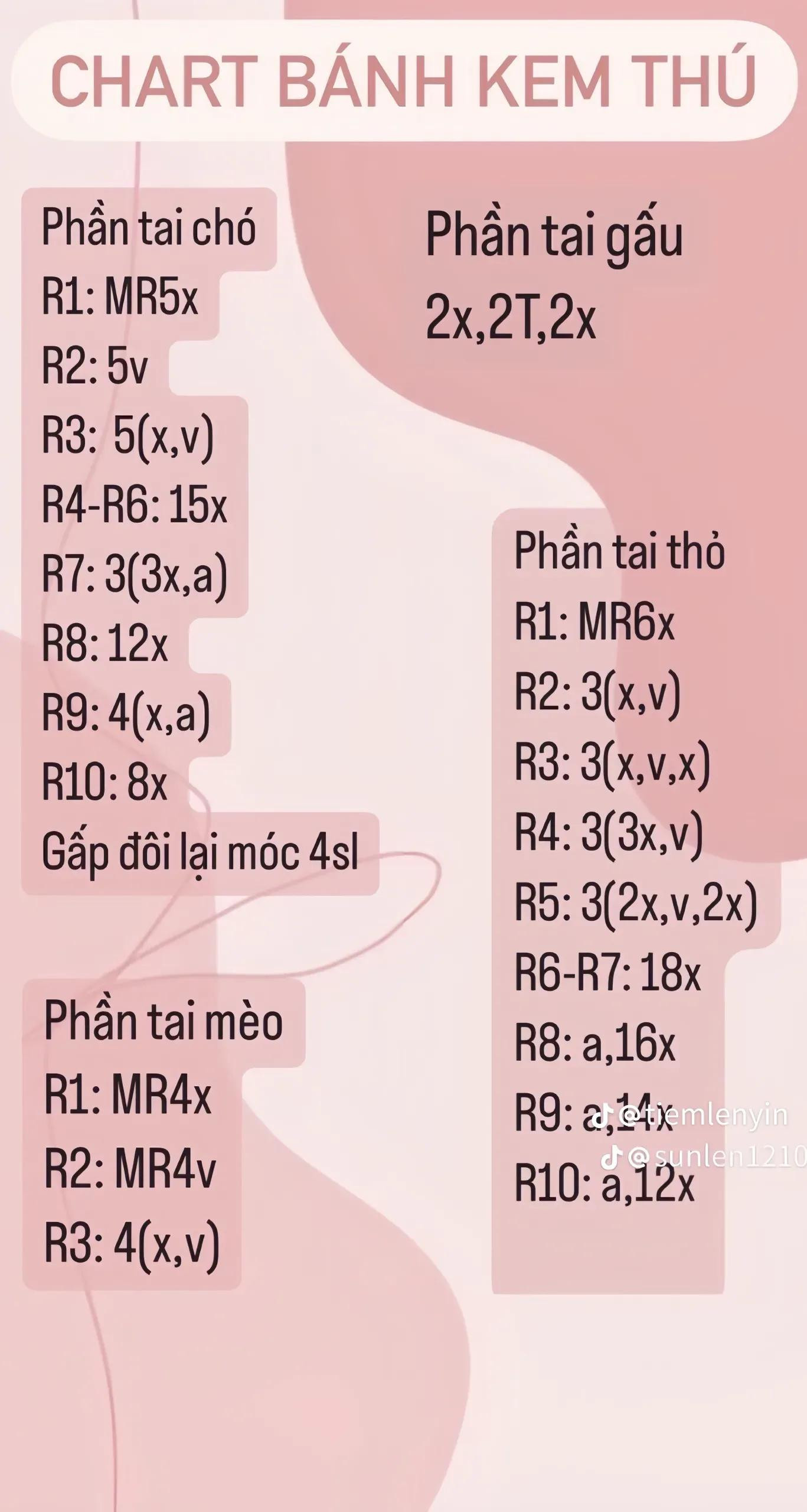 Chart móc len Bánh Kem Thú dễ thương: Mèo, Thỏ, Gấu