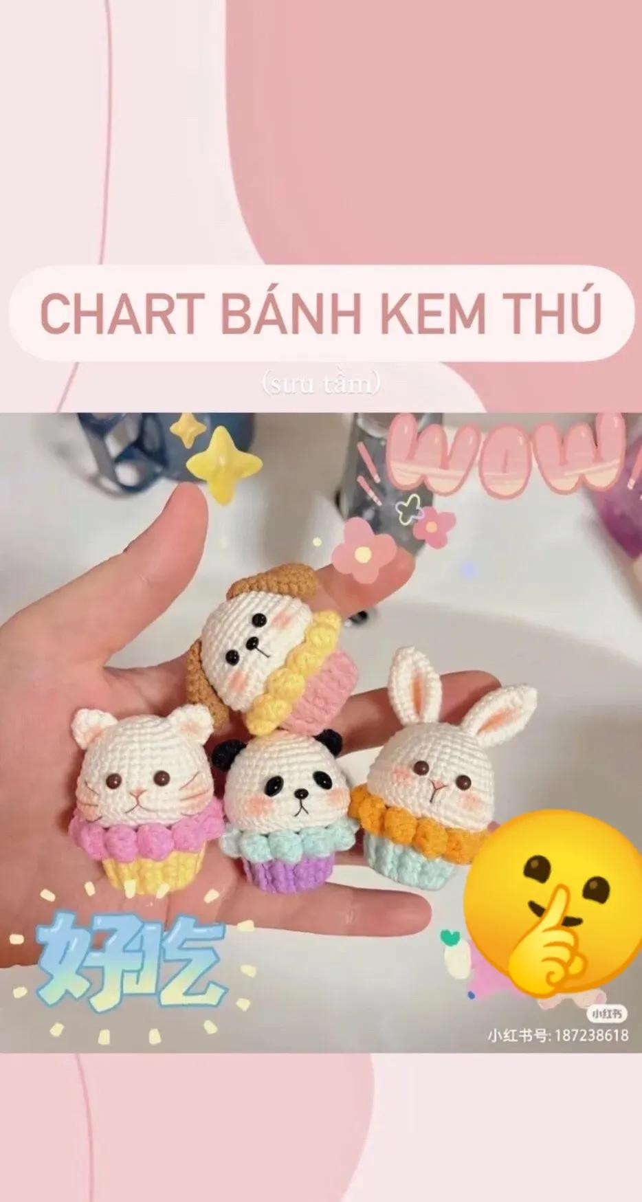 Chart móc len Bánh Kem Thú dễ thương: Mèo, Thỏ, Gấu