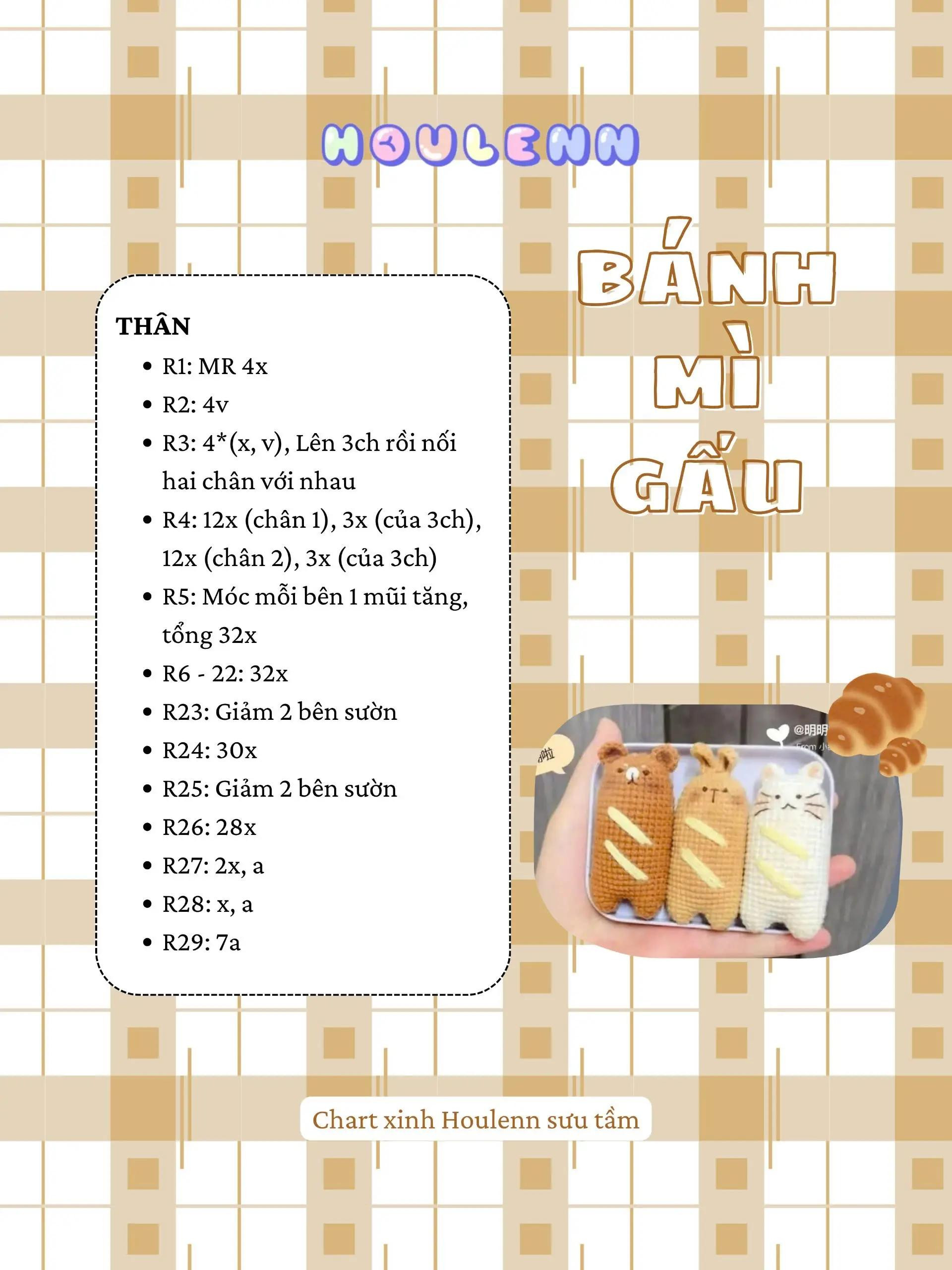 Chart móc len Bánh Mì Gấu - Hướng dẫn chi tiết thân và tai