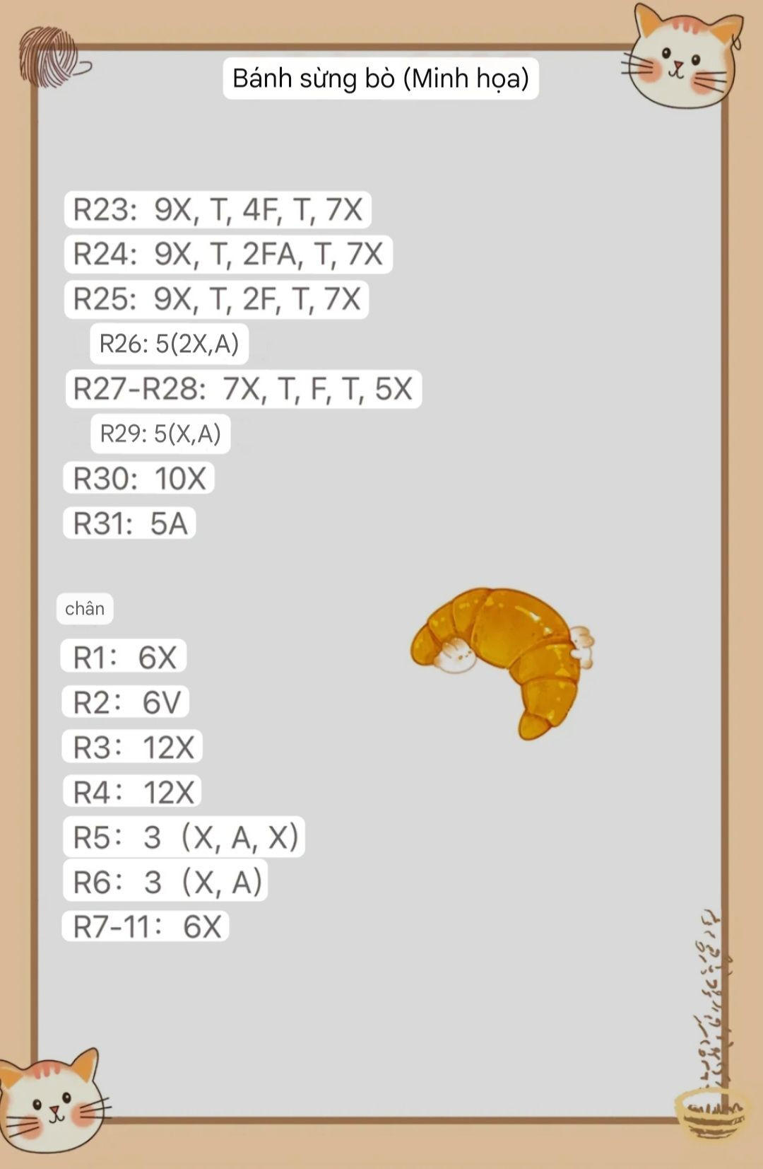 Chart Móc Len Bánh Sừng Trâu Amigurumi Dễ Thương