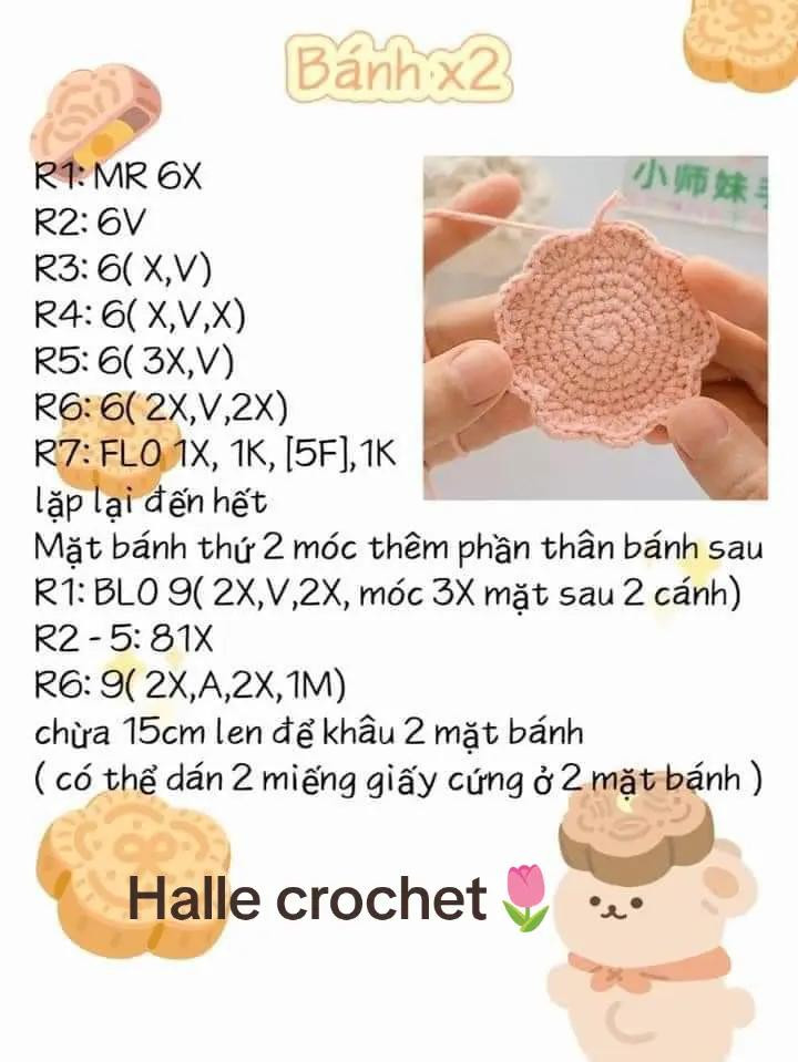 Chart móc len Bánh Trung Thu dễ thương có tai thỏ và hoa trang trí