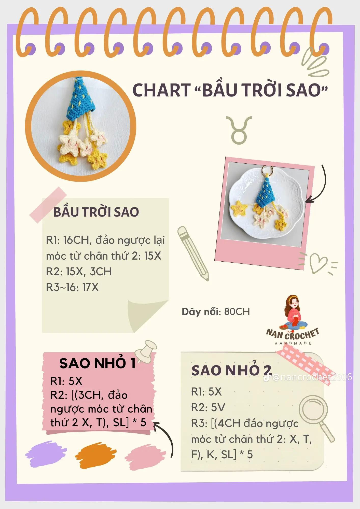 Chart móc len Bầu trời sao: Hướng dẫn chi tiết cách làm móc treo hình chóp xanh dương với các ngôi sao nhỏ màu vàng và kem