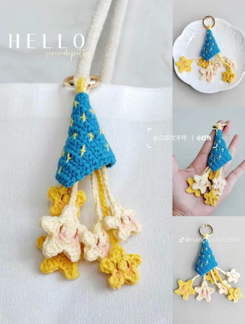 Chart móc len Bầu trời sao: Hướng dẫn chi tiết cách làm móc treo hình chóp xanh dương với các ngôi sao nhỏ màu vàng và kem