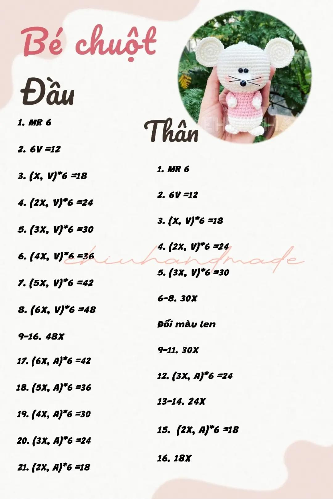 Chart móc len Bé chuột dễ thương - Hướng dẫn chi tiết đầu, thân, tay, chân