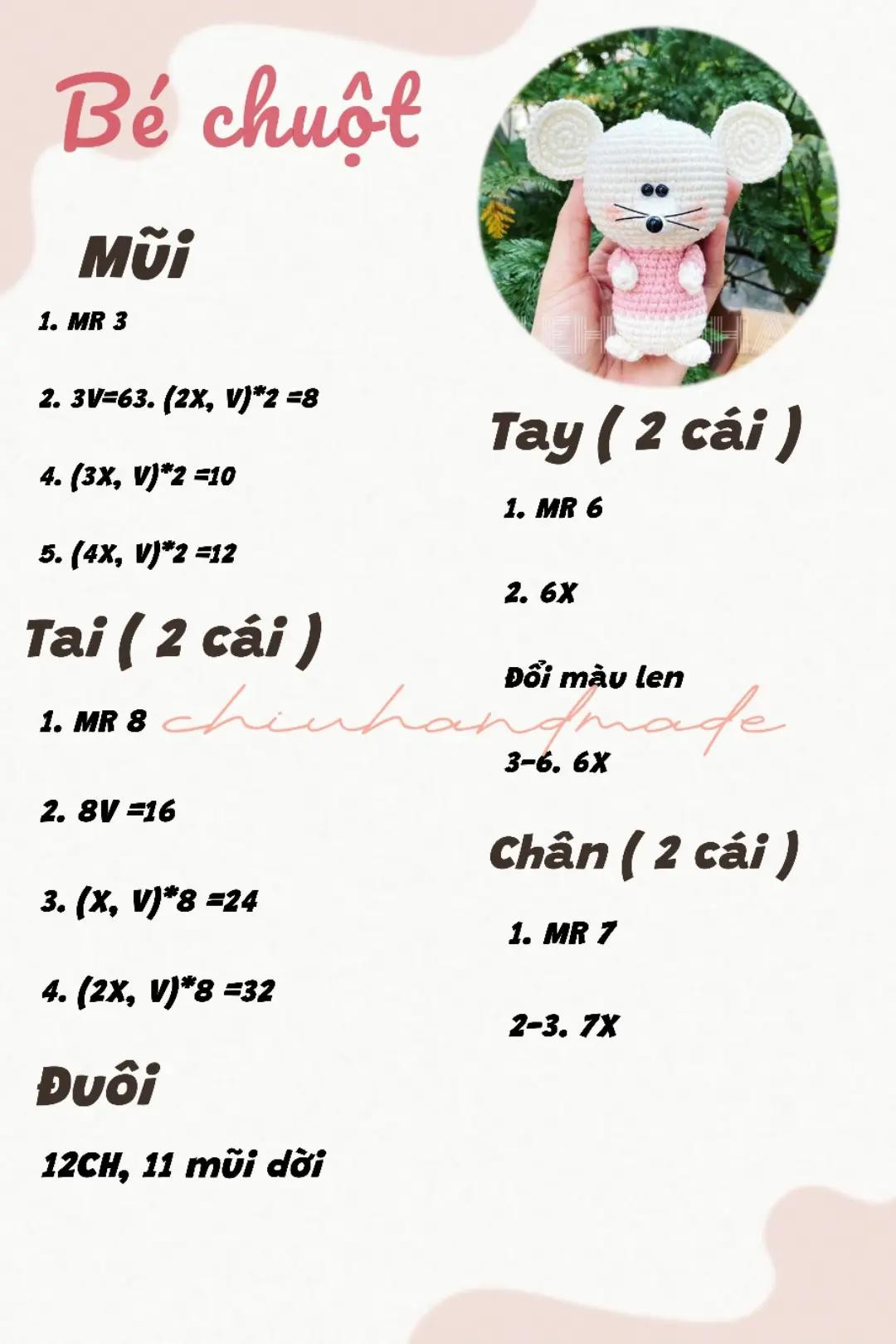 Chart móc len Bé chuột dễ thương - Hướng dẫn chi tiết đầu, thân, tay, chân