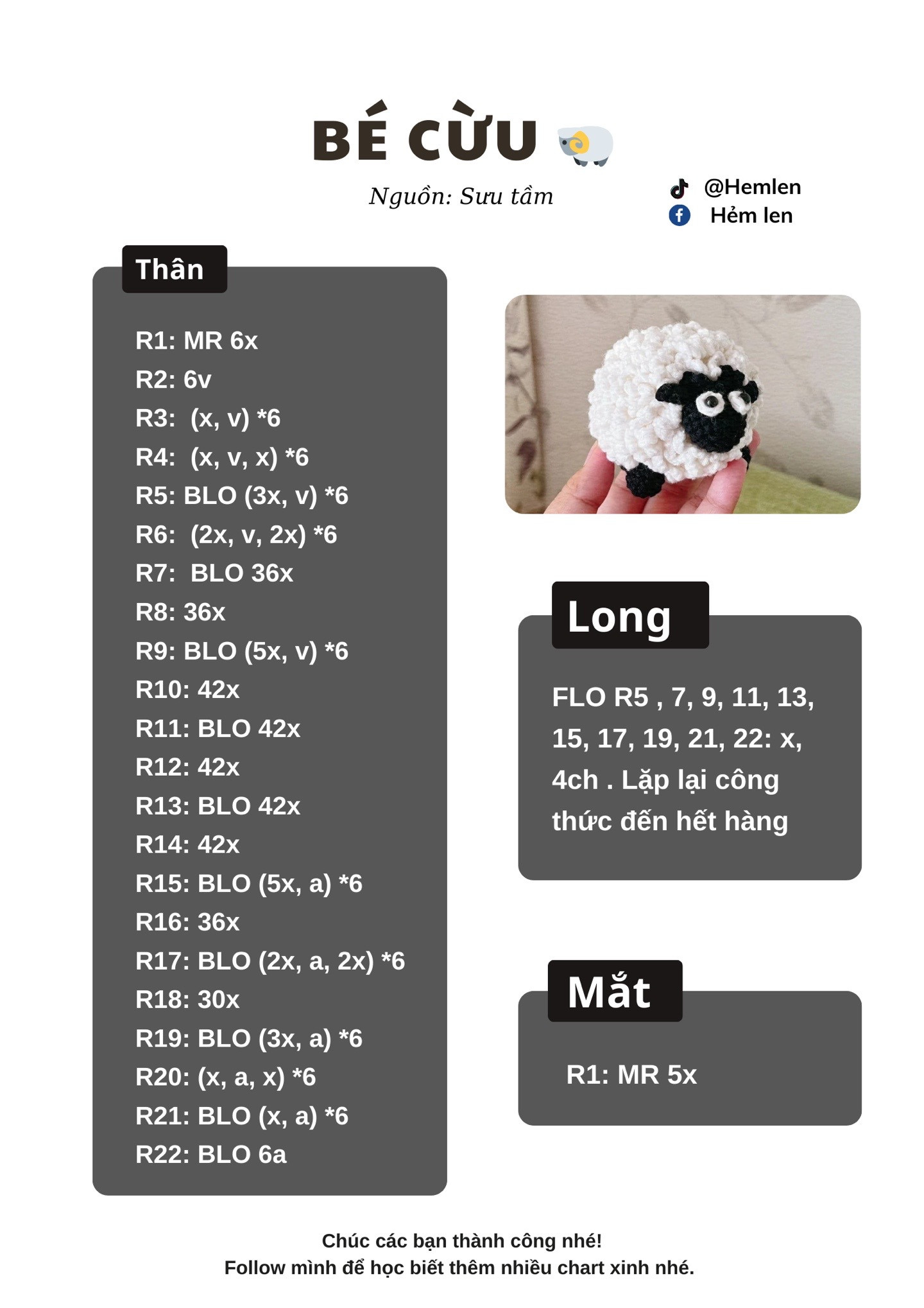 Chart móc len BÉ CỪU amigurumi dễ thương, hướng dẫn chi tiết từng hàng cho thân, lông, đầu và chân