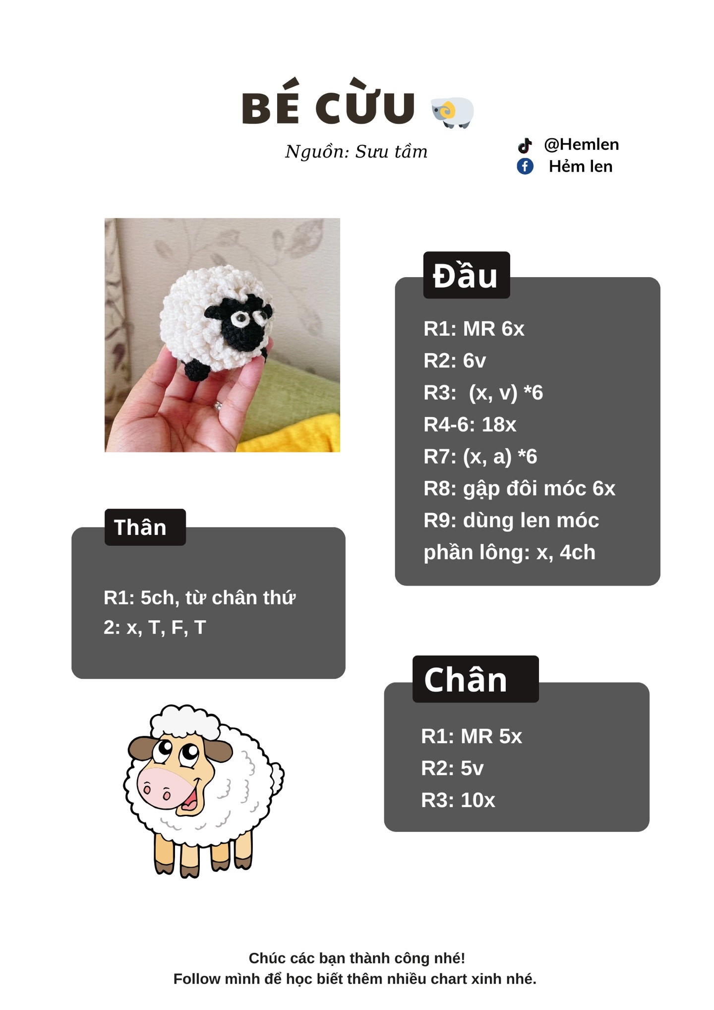 Chart móc len BÉ CỪU amigurumi dễ thương, hướng dẫn chi tiết từng hàng cho thân, lông, đầu và chân