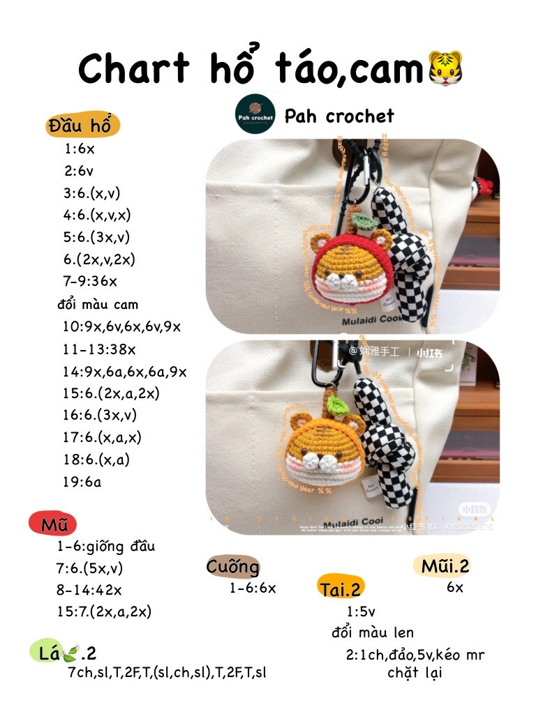 Chart móc len bé hổ hình quả táo cam dễ thương