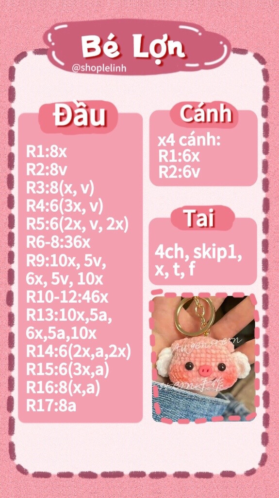 Chart móc len bé lợn hồng xinh xắn