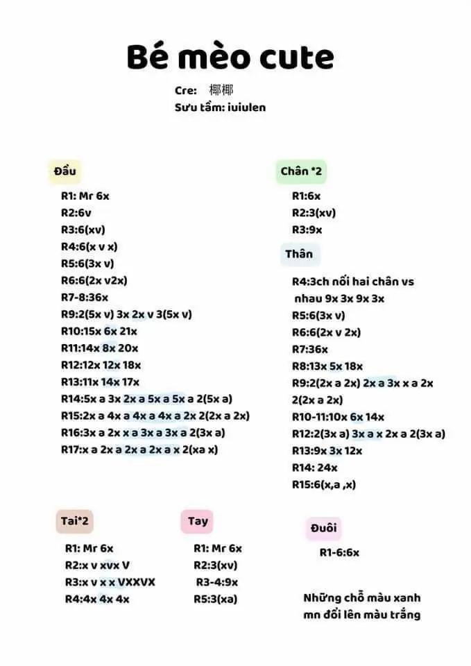 Chart móc len bé mèo cute và chart mèo trắng, hướng dẫn chi tiết từng hàng