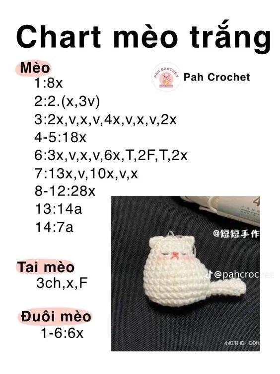 Chart móc len bé mèo cute và chart mèo trắng, hướng dẫn chi tiết từng hàng
