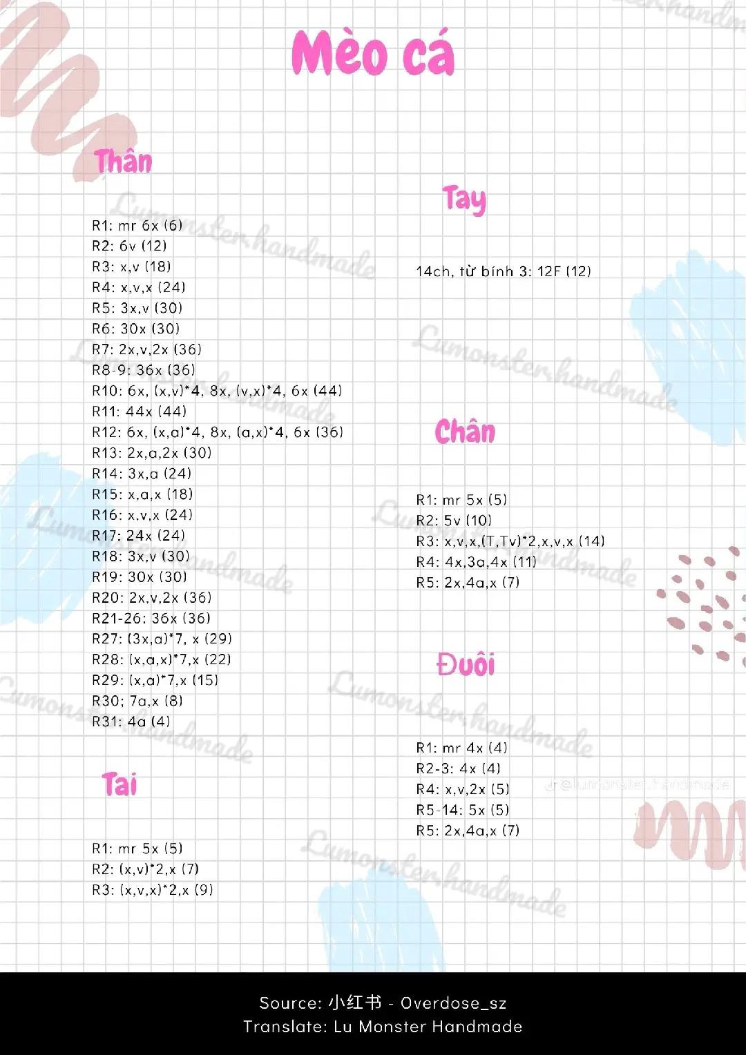 Chart móc len bé mèo cute và chart mèo trắng, hướng dẫn chi tiết từng hàng