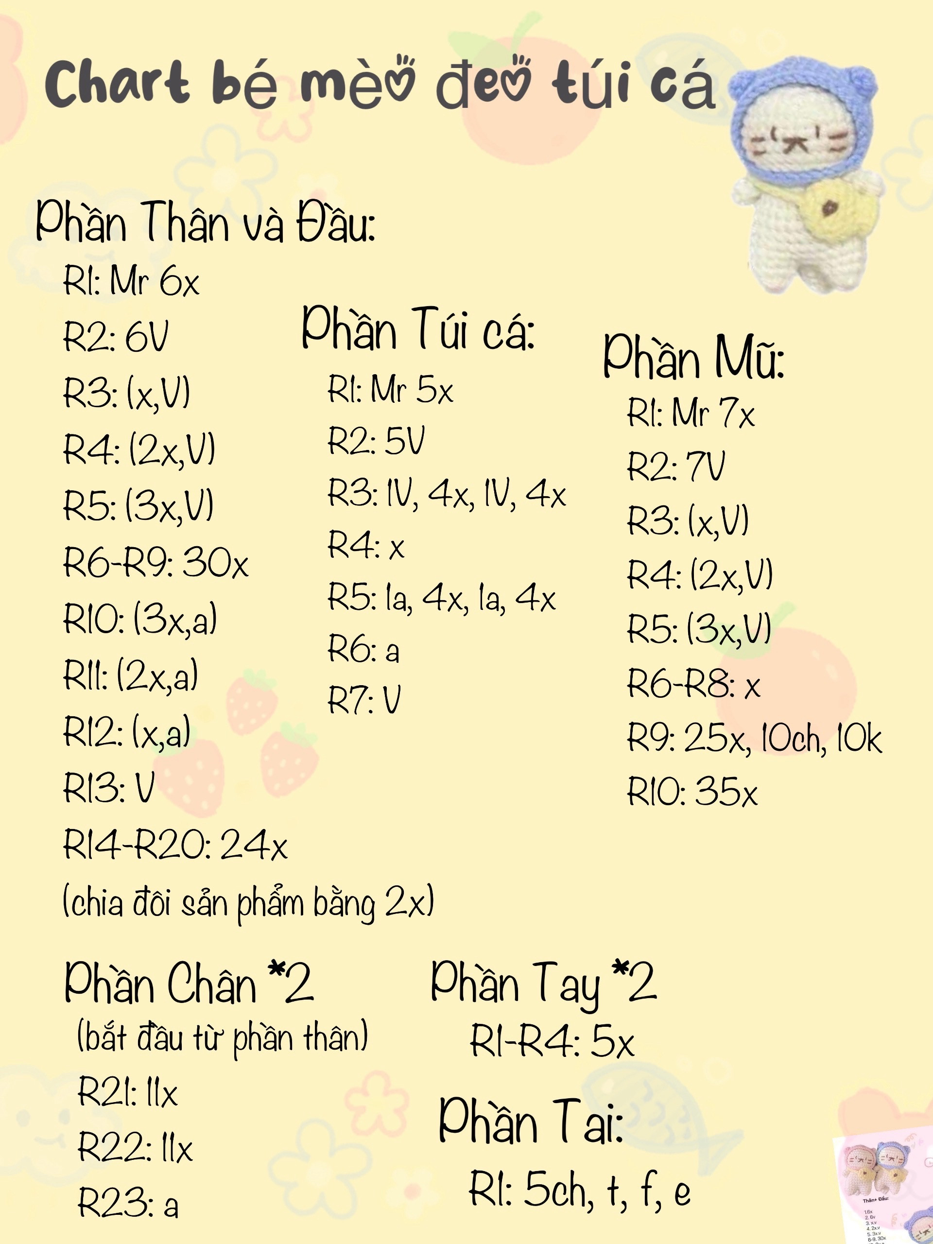Chart móc len bé mèo đeo túi cá màu trắng xanh