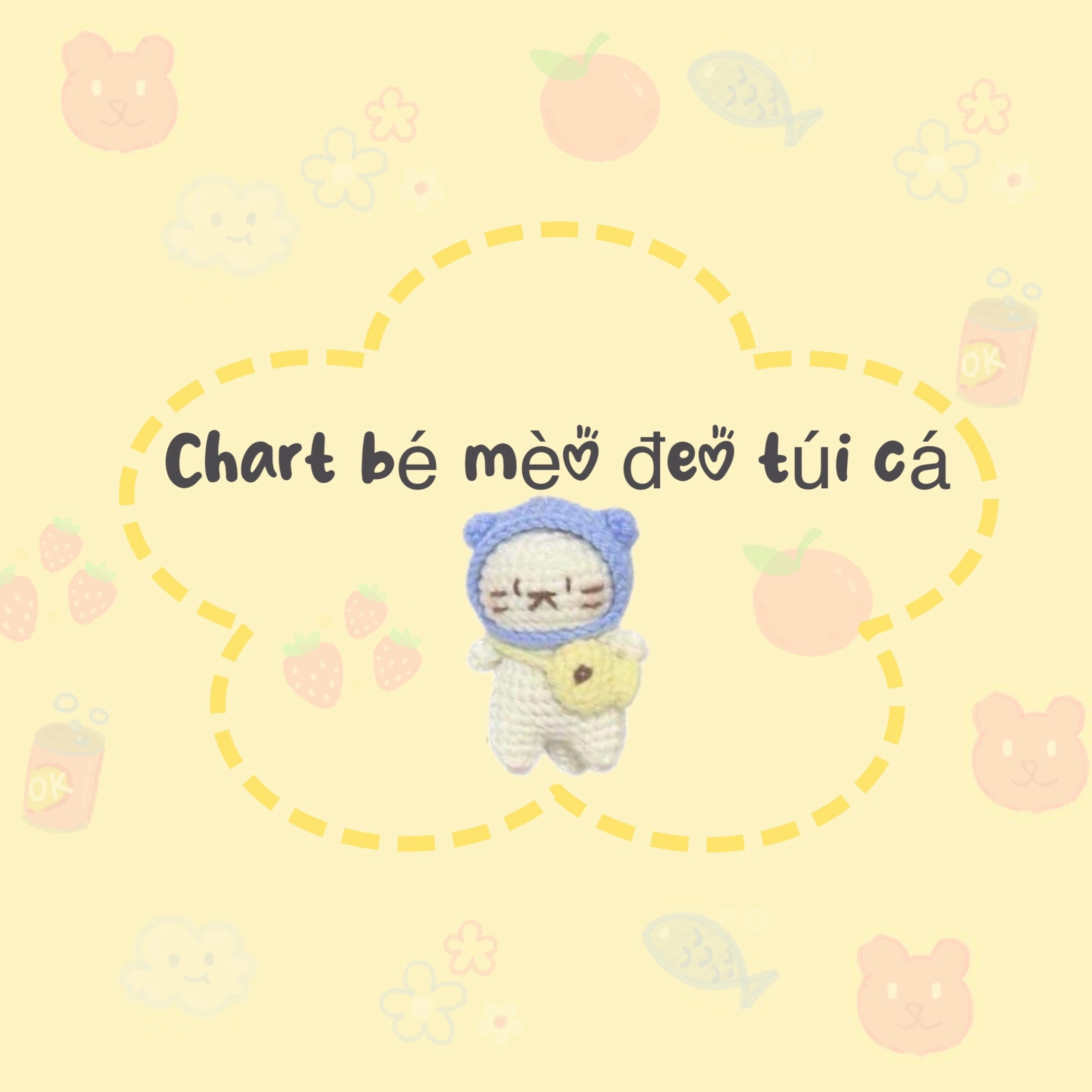 Chart móc len bé mèo đeo túi cá màu trắng xanh