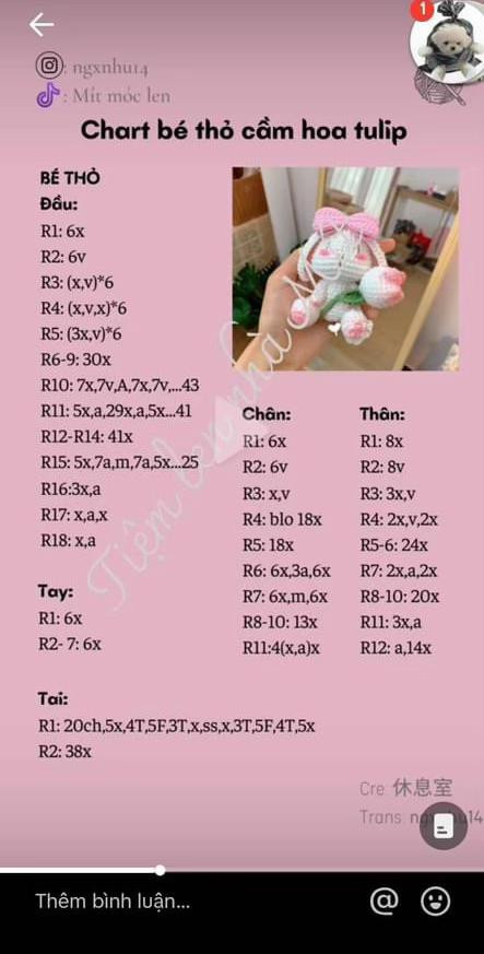 Chart móc len bé thỏ cầm hoa tulip màu hồng trắng dễ thương
