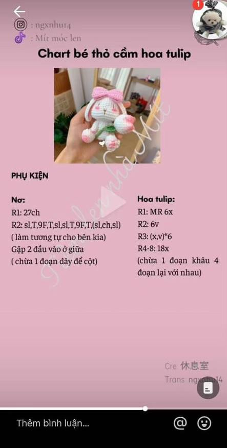 Chart móc len bé thỏ cầm hoa tulip màu hồng trắng dễ thương